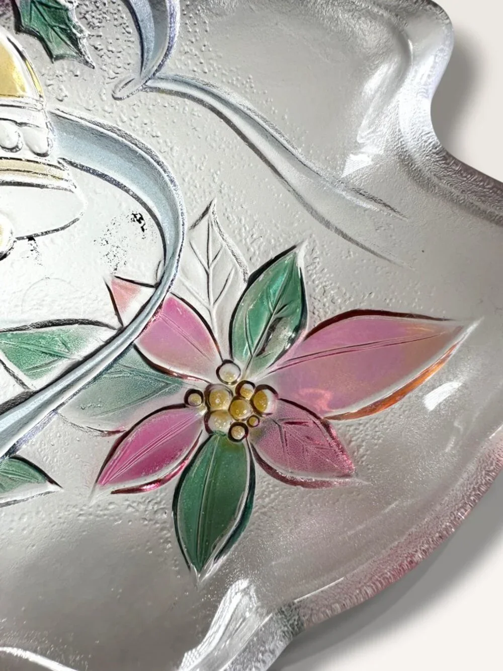 Christmas Tree-Shaped Glass Serving Dish With Hand-Painted Bells & Poinsettias H